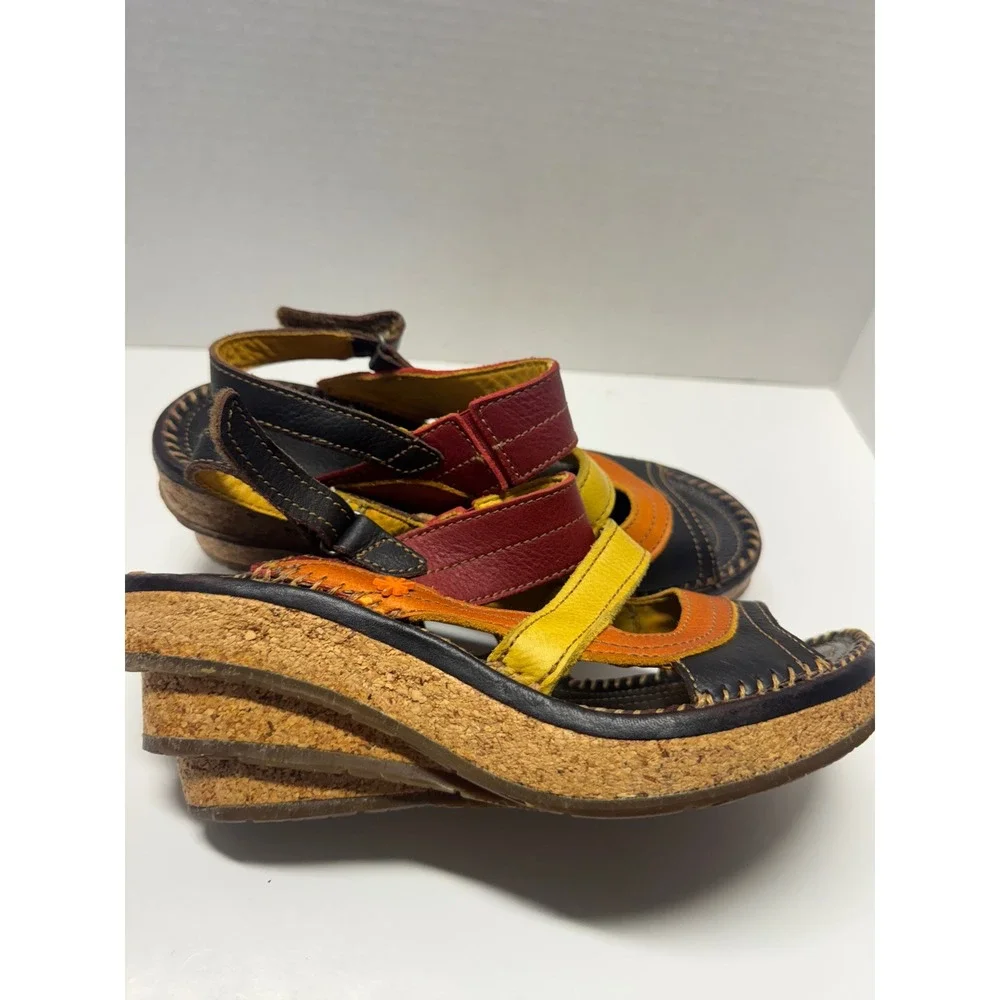 Art Company 992 Multi Color Leather Cork Wedge Platform Sandals Womens 39 8.5‎